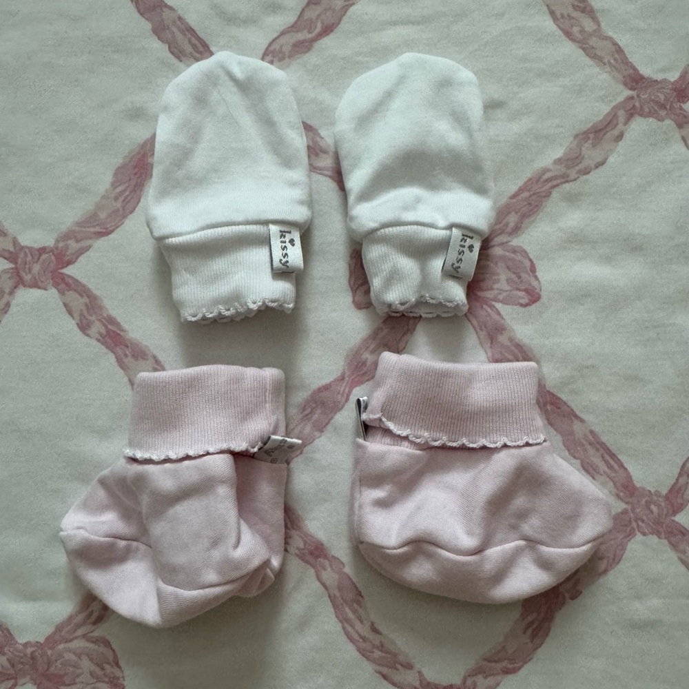 Kissy Kissy Soft Pink and White Baby Mittens and Booties